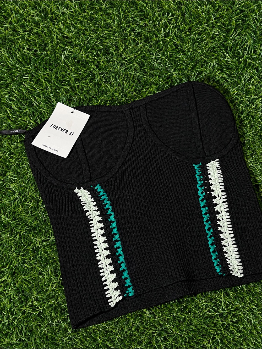 Forever 21 Black Ribbed Crochet-Trim Bustier Tank